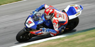 Ben Spies (1), as seen on his Yoshimura Suzuki AMA Superbike in 2008. Photo by Brian J. Nelson.