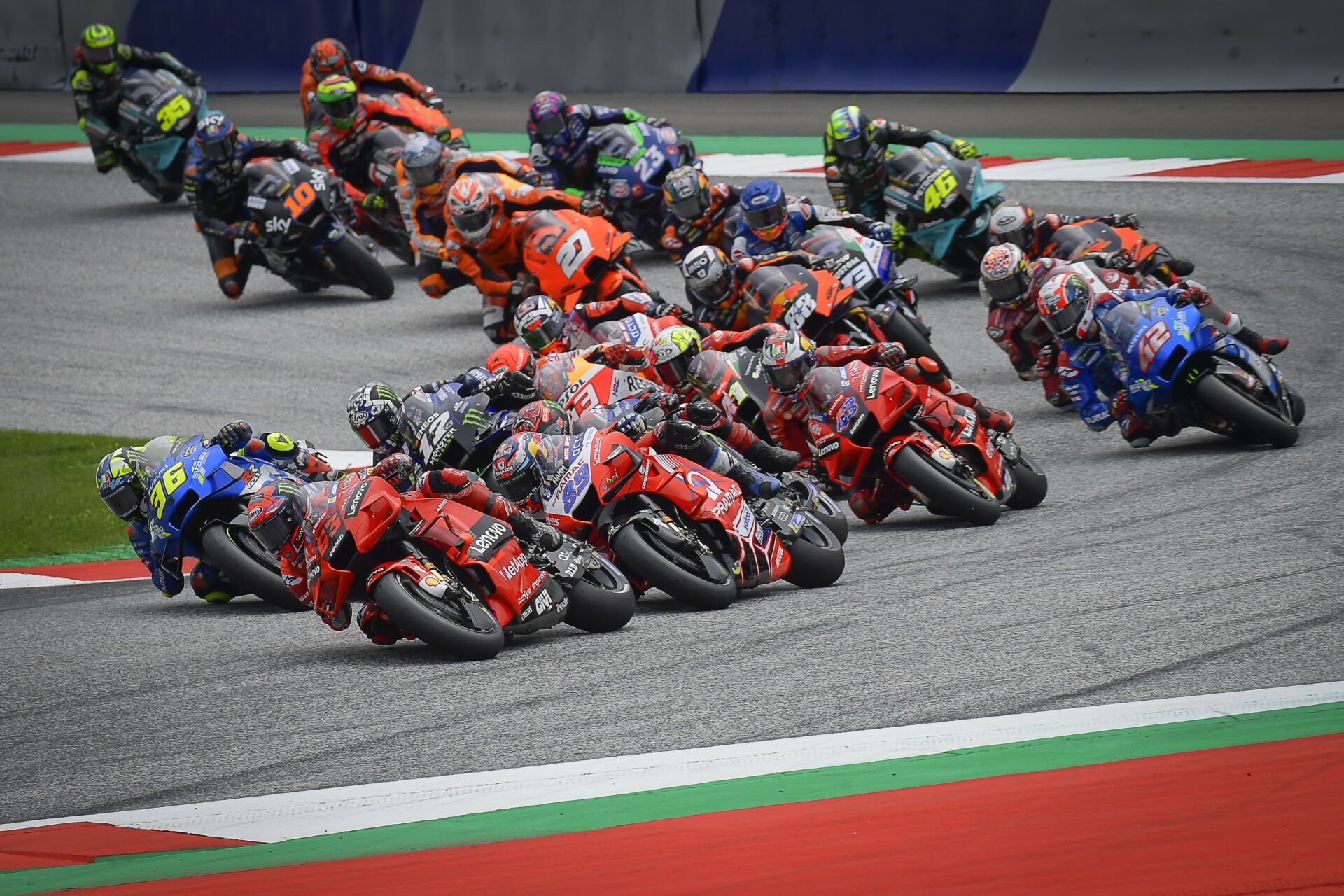 The start of a MotoGP race at Red Bull Ring in 2021. Photo courtesy Dorna.