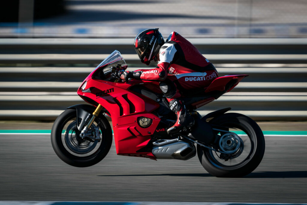 A 2023-model Ducati Panigale V4 S at speed. Photo courtesy Ducati.