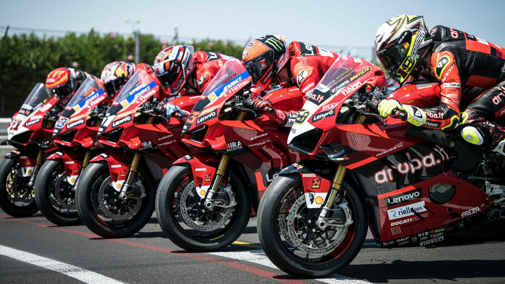 (From front) Alvaro Bautista, Francesco Bagnaia, Michele Pirro, Jack Miller, and Michael Rinaldi on their personalized Race of Champions Ducati Panigale V4 S racebikes. Photo courtesy Ducati,