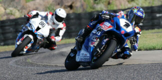 Alex Dumas (1) leading Ben Young (86) during Canadian Superbike Race One at Calabogie Motorsports Park. Photo by Rob O'Brien, courtesy CSBK/PMP.
