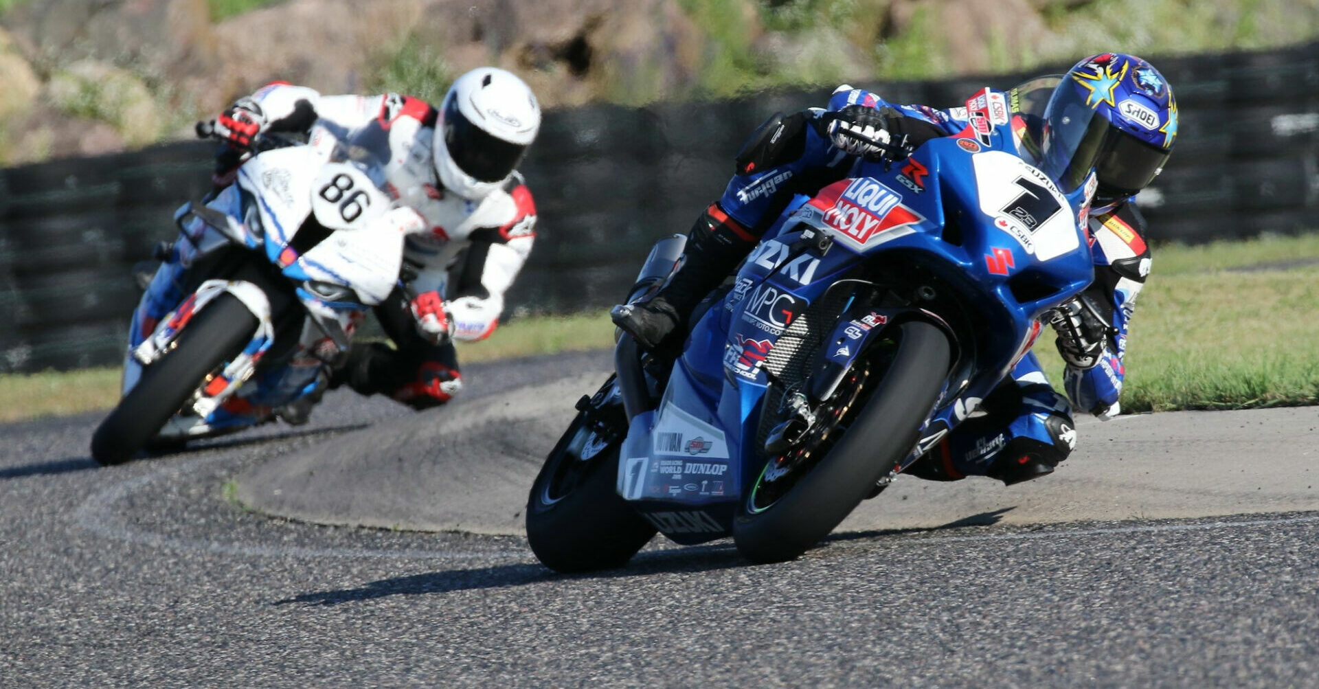 Alex Dumas (1) leading Ben Young (86) during Canadian Superbike Race One at Calabogie Motorsports Park. Photo by Rob O'Brien, courtesy CSBK/PMP.