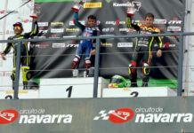 American Mikey Lou Sanchez (left) on the CIV Moto4 podium with race winner Leonardi Casedei (center) and third-place finisher Oliver Cantos (right). Photo courtesy Sanchez Racing.