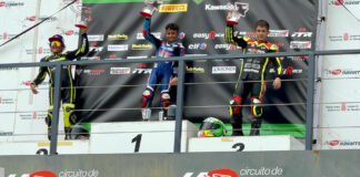 American Mikey Lou Sanchez (left) on the CIV Moto4 podium with race winner Leonardi Casedei (center) and third-place finisher Oliver Cantos (right). Photo courtesy Sanchez Racing.