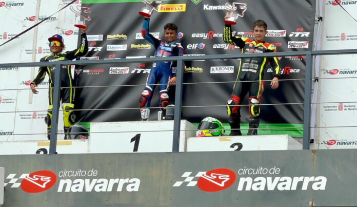 IMG_1315 American Mikey Lou Sanchez (left) on the CIV Moto4 podium with race winner Leonardi Casedei (center) and third-place finisher Oliver Cantos (right). Photo courtesy Sanchez Racing.