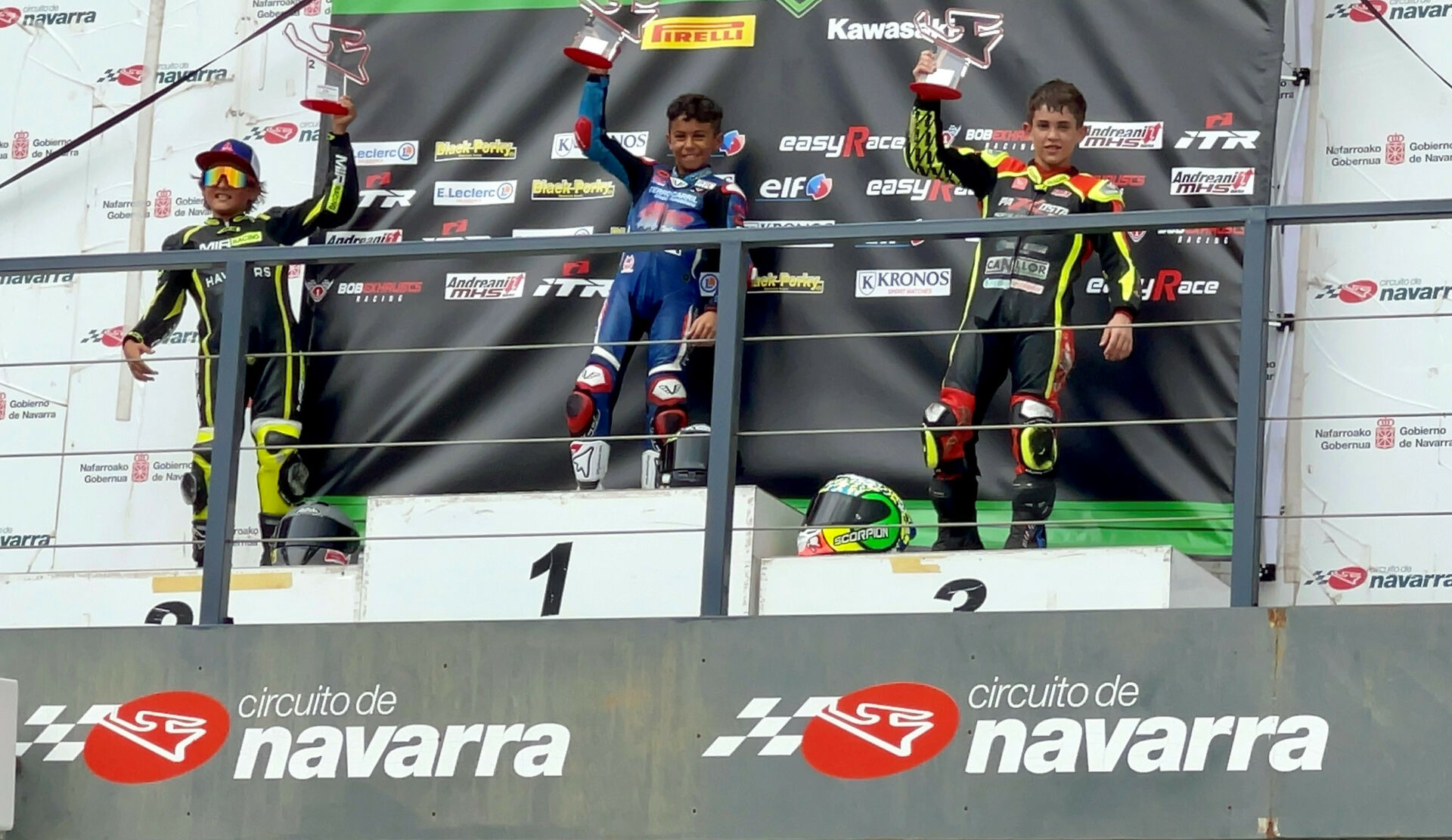 American Mikey Lou Sanchez (left) on the CIV Moto4 podium with race winner Leonardi Casedei (center) and third-place finisher Oliver Cantos (right). Photo courtesy Sanchez Racing.