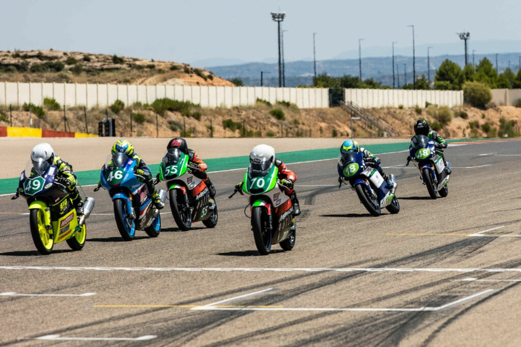 American Mikey Lou Sanchez (55) finished fourth, 0.163 second back, in Moto4 Race One. Here, Izan Rodriguez (49) reaches the finish line ahead of Iaroslav Karoushin (70), Alvaro Lucas (46), Sanchez (55), Mathias Tamburini (18), and Andres Garcia (48). Photo courtesy Sanchez Racing.