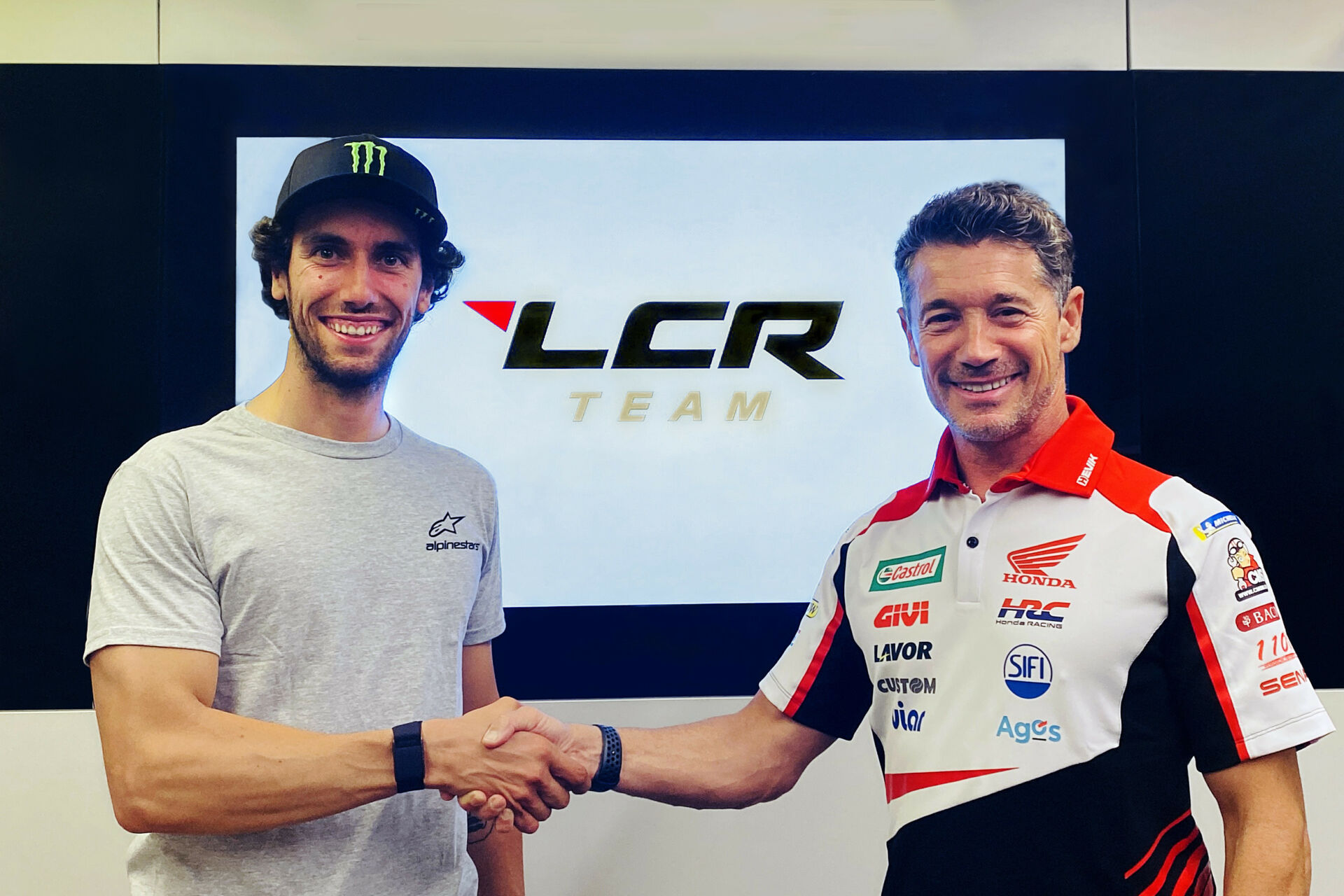Alex Rins (left) with LCR Honda Team Principal Lucio Cechinello (right). Photo courtesy LCR Honda.