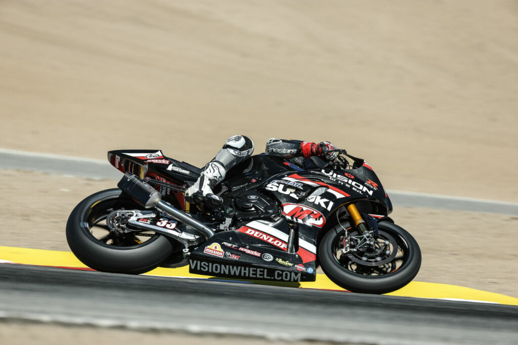 The super-sub Kyle Wyman (33) collected a top 10 on Sunday at the iconic Laguna Seca circuit. Photo by Brian J. Nelson, courtesy Suzuki Motor USA LLC.