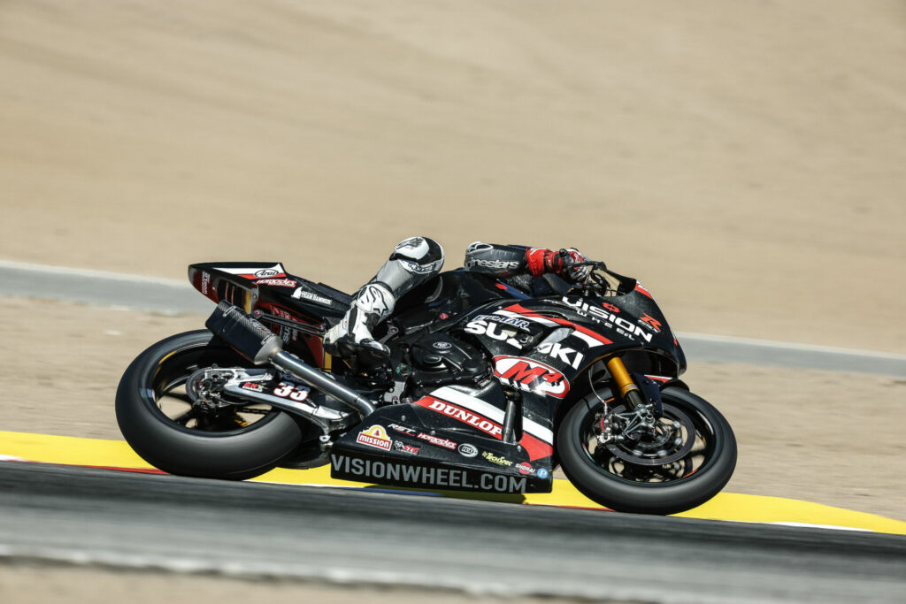 The super-sub Kyle Wyman (33) collected a top 10 on Sunday at the iconic Laguna Seca circuit. Photo by Brian J. Nelson, courtesy Suzuki Motor USA LLC.