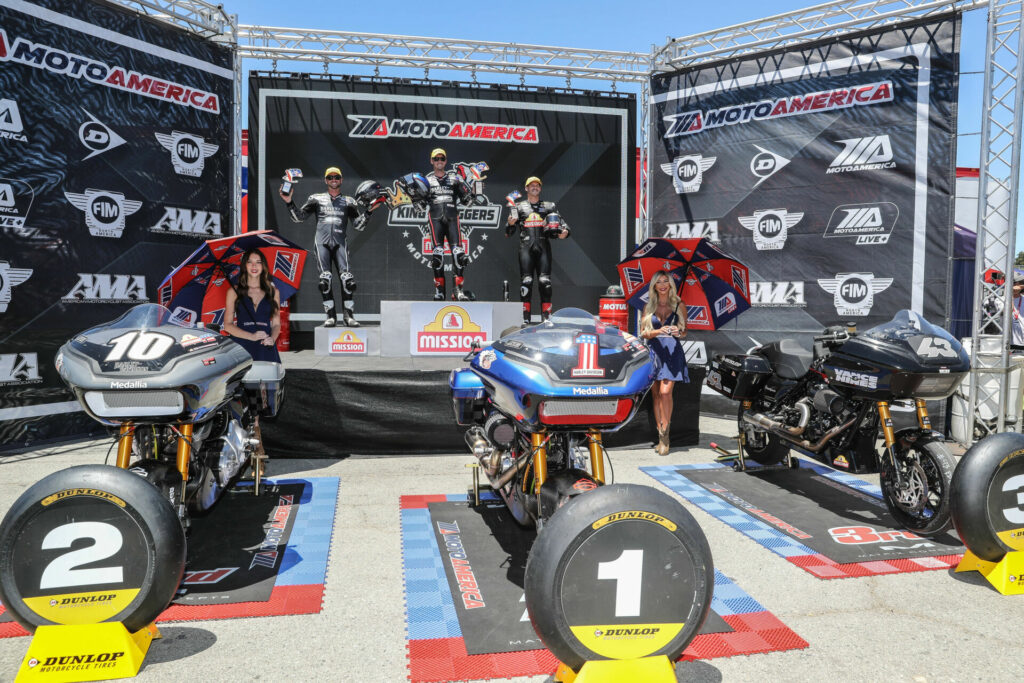 MotoAmerica Mission King Of The Baggers race winner Kyle Wyman (center), his brother and the runner-up Travis Wyman (left), and third-place finisher James Rispoli (right) on the podium at Laguna Seca. Photo by Brian J. Nelson, courtesy Harley-Davidson.