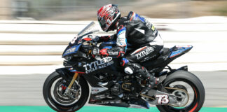 Larry Pegram (73) competed on a Tytlers Cycle Racing BMW M 1000 RR as a wild card at Laguna Seca. Photo by Brian J. Nelson, courtesy Tytlers Cycle Racing.