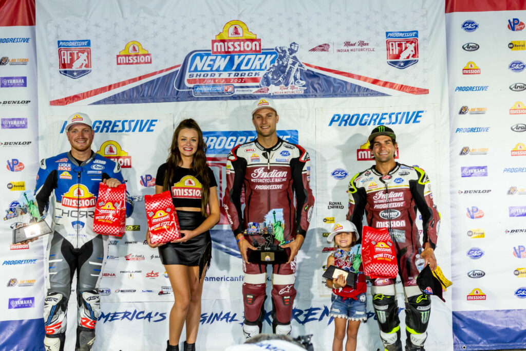 The AFT Mission SuperTwins podium at the New York Short Track: winner Briar Bauman (center), runner-up Jarod Vanderkooi (left), and third-place finisher Jared Mees (right). Photo courtesy Indian Motorcycle.