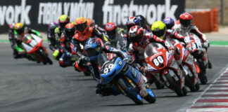 Jose Rueda (99) leading the FIM JuniorGP race at the Algarve International Circuit, in Portimao, Portugal. Photo courtesy JuniorGP.
