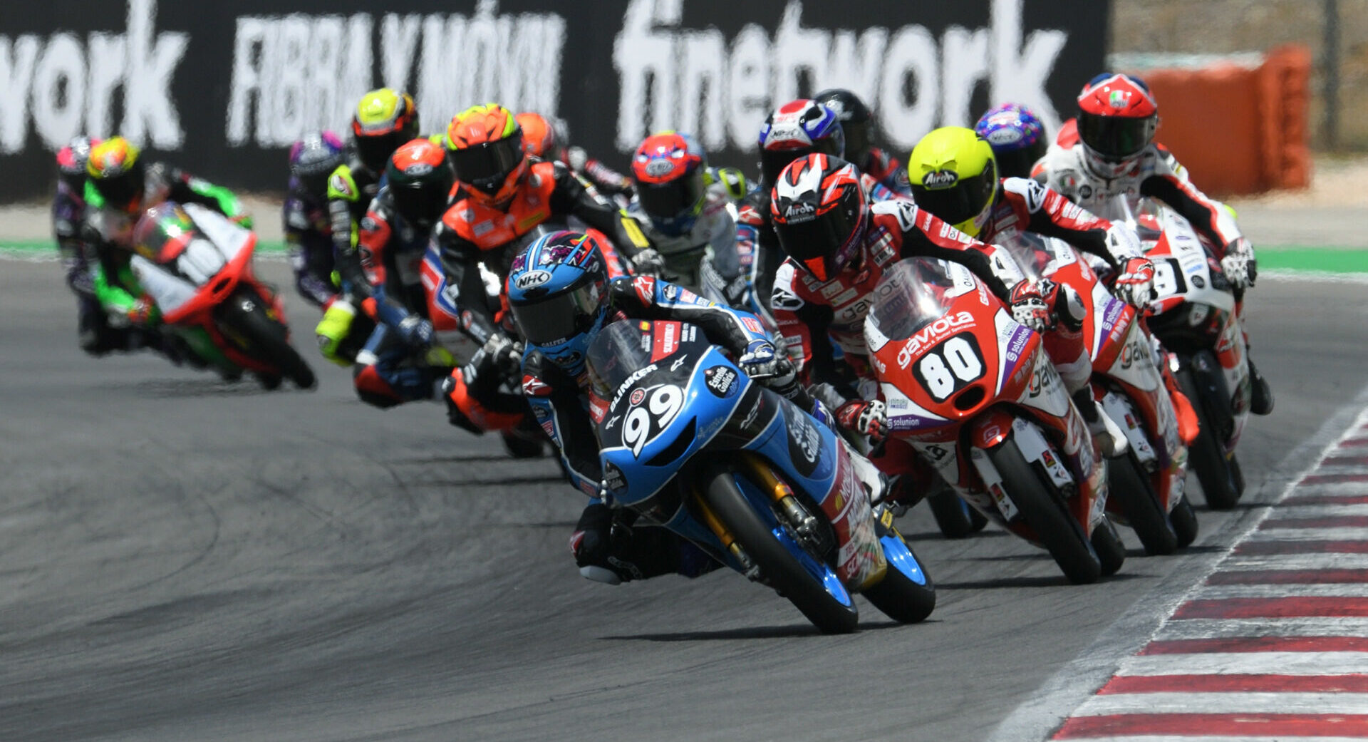 Jose Rueda (99) leading the FIM JuniorGP race at the Algarve International Circuit, in Portimao, Portugal. Photo courtesy JuniorGP.