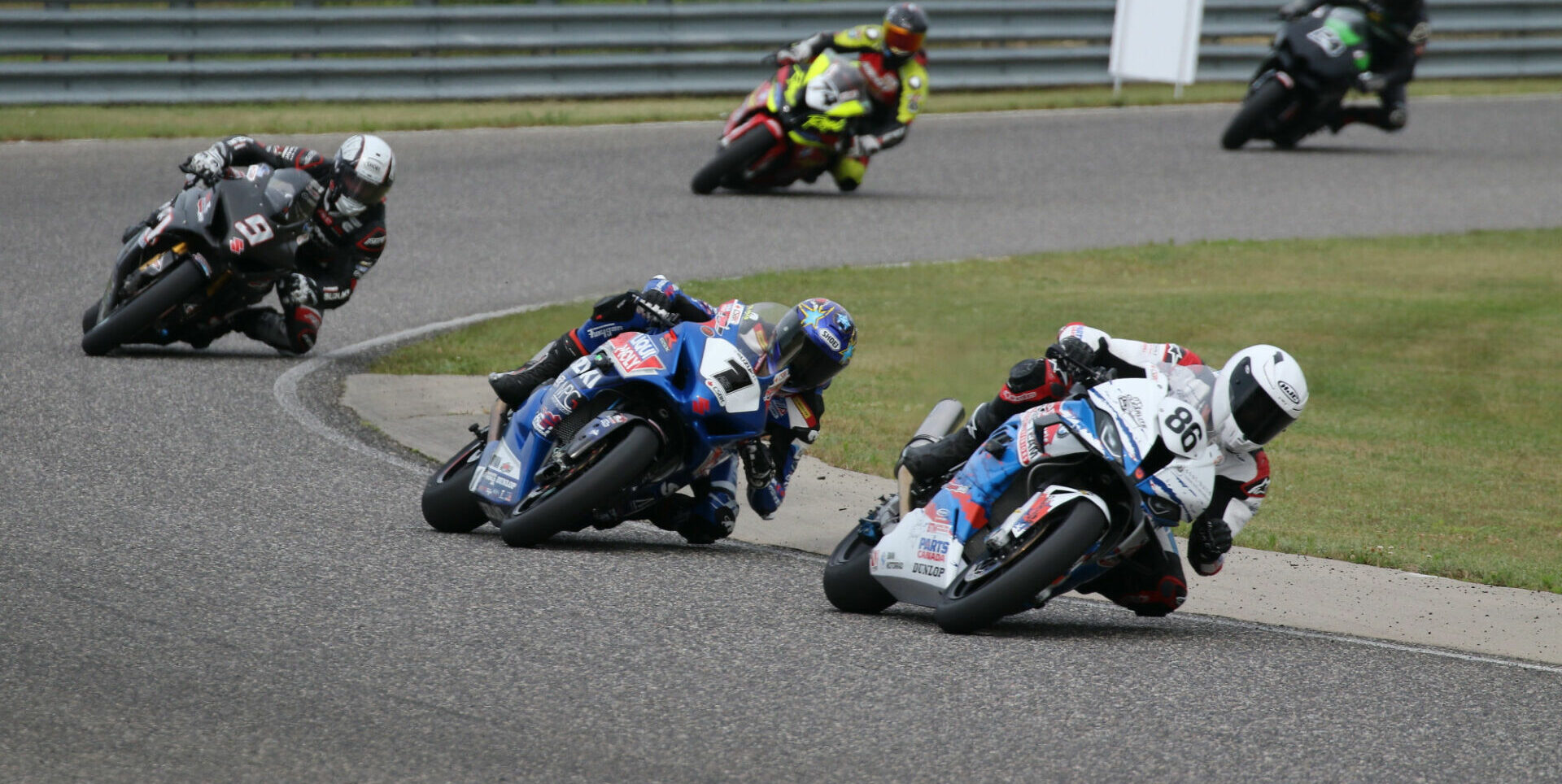 2019 CSBK Superbike champ Ben Young (86) leading reigning Canadian Superbike Champion Alex Dumas (1), Trevor Daley (9), Michael Leon (74), and Sebastien Tremblay (24). Photo by Rob O'Brien, courtesy CSBK/PMP.