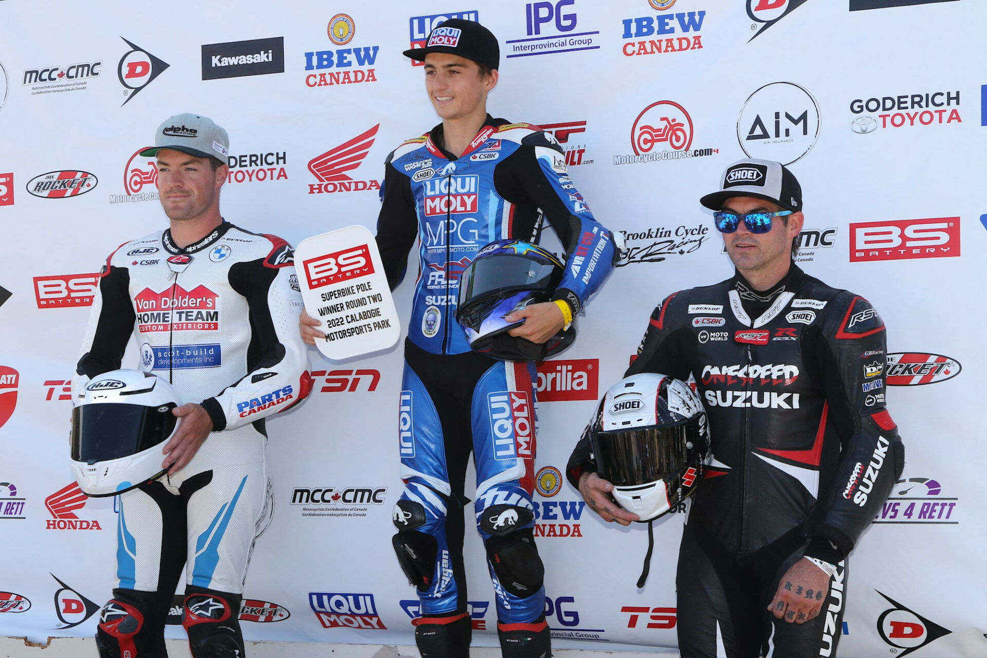 Alex Dumas (center) will look to continue his unbeaten streak at Calabogie from pole position after beating Ben Young (left) and Trevor Daley (right) in Canadian Superbike qualifying on Saturday. Photo by Rob O'Brien, courtesy CSBK/PMP.