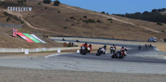 Todd Murray (99T) leads Ray Hoffman (771), Luke Luciano (188), Troy Siahaan (123), and the rest of the field into Turn 11 during the Sound of Thunder 2 race July 17 at WeatherTech Raceway Laguna Seca. Photo by etechphoto.com, courtesy AHRMA.