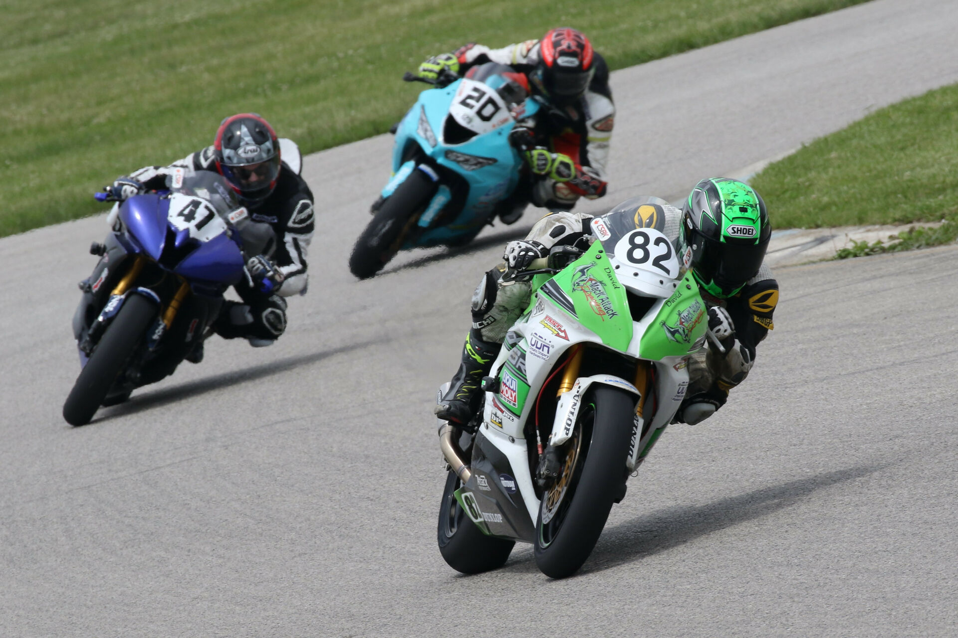 Trevor Dion (20) leads the Canadian Pro Sport Bike Championship heading into CSBK Round 2 this weekend at Calabogie Motorsports Park. Dion took a win and a third-place finish at the opening round of the season, as shown here. David MacKay (82) and Will Hornblower (47) sit third and fourth, respectively, in the standings. Photo by Rob O'Brien, courtesy CSBK/PMP.