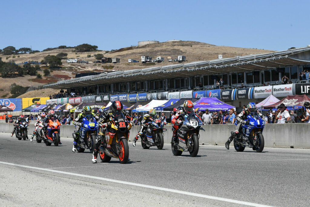 Sunday's MotoAmerica Medallia Superbike race gets underway with pole-sitter Mathew Scholtz (11), Danilo Petrucci (9) and Jake Gagne (1) dropping the hammer. Photo by Brian J. Nelson.