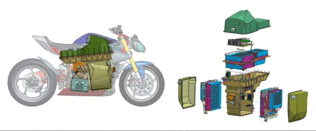 Note the layout of the battery pack on the Triumph TE-1 electric motorcycle. The components have been arranged to place the center of gravity in the same place as it is found on the company's Speed Triple internal-combustion machine. Photos courtesy Triumph Motorcycles.