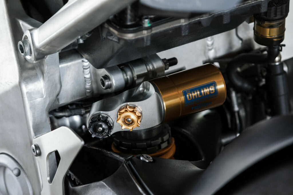 Running gear, including the Ohlins suspension, comes from the company's Speed Triple. Photo courtesy Triumph Motorcycles.