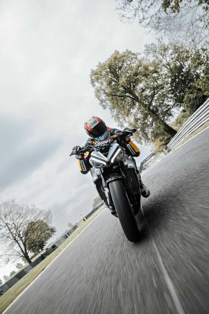 Brandon Paasch on the Triumph electric prototype. Photo courtesy Triumph Motorcycles.
