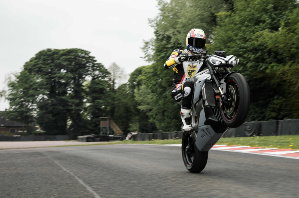 Triumph's track shakedown was designed to finalize the functional parameters of systems like traction control, ABS, etc. Two-time Daytona 200 winner Brandon Paasch demonstrates the power of the TE-1 at Oulton Park. Photo courtesy Triumph Motorcycles.