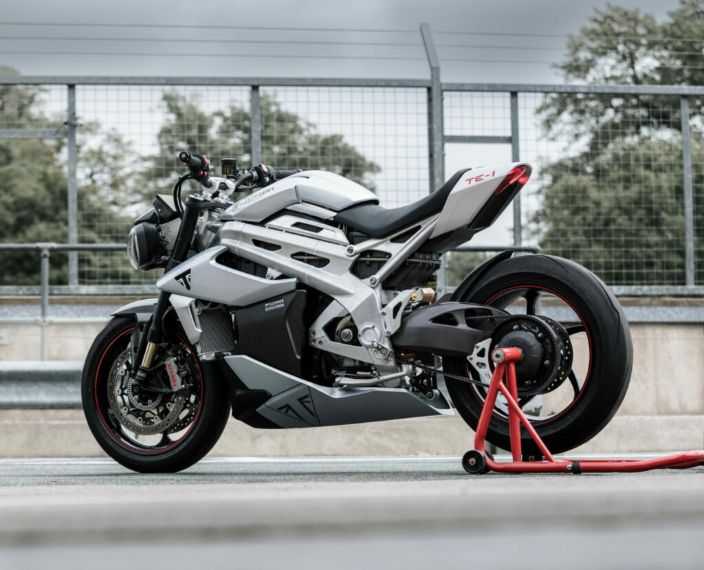 Triumph says the TE-1 weighs in at just over 485 pounds. While that would make it one of the lighter electric bikes on the street, it does not have the larger battery capacity of the street-going Energica machines or the upcoming Ducati MotoE racebike. Photo courtesy Triumph Motorcycles.