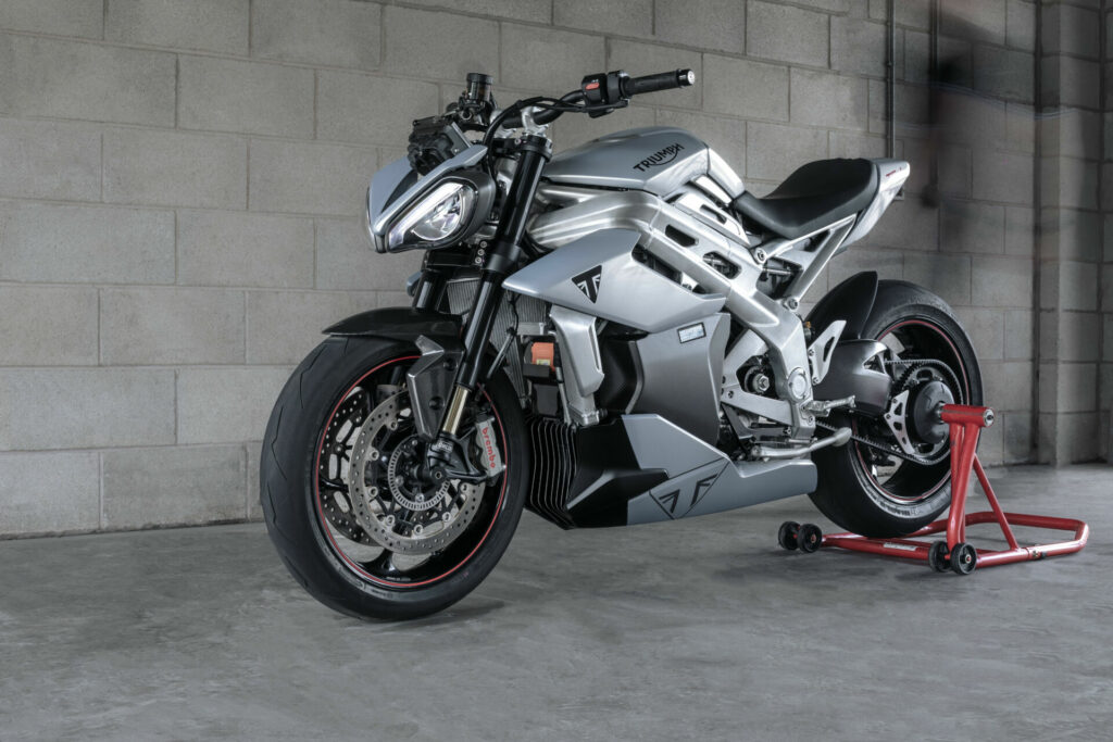 Triumph's TE-1 electric prototype was styled after the company's Street Triple machines. Although a prototype, it has a nearly full lighting system and is “not a million miles away” from homologation status, company officials say. Photo courtesy Triumph Motorcycles.