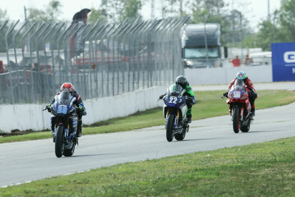 Cory Ventura (28) won his second REV'IT! Twins Cup race in a row with victory over Blake Davis (22) and Anthony Mazziotto (516) at Brainerd. Photo by Brian J. Nelson, courtesy MotoAmerica.