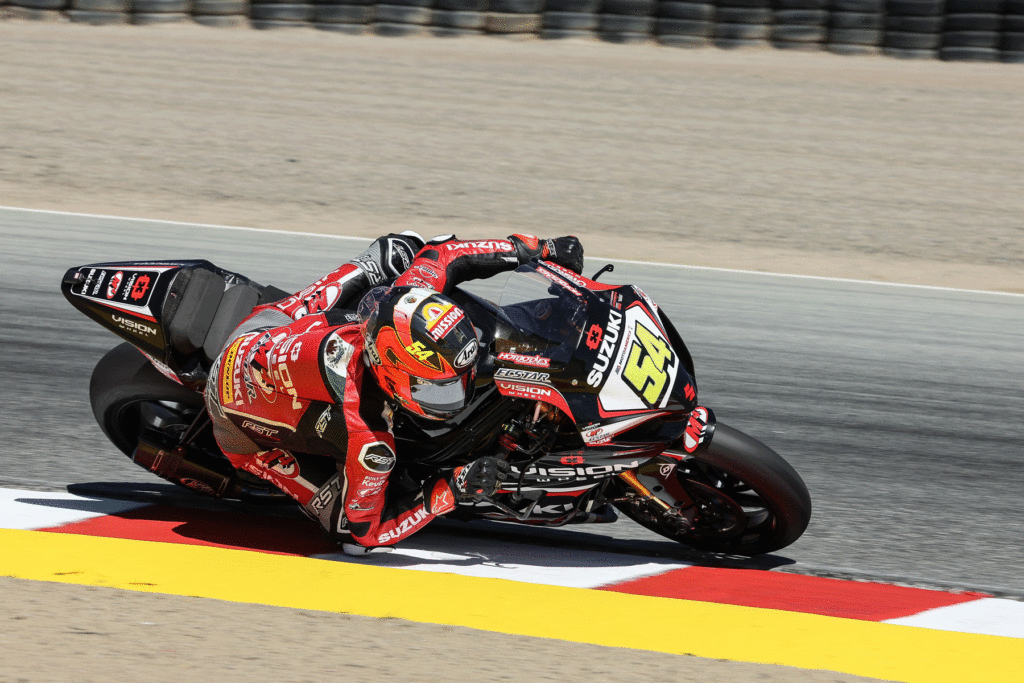 Another top-10 finish for Richie Escalante (54) after big strides getting used to the new Superbike speed. Photo courtesy Suzuki Motor USA LLC.