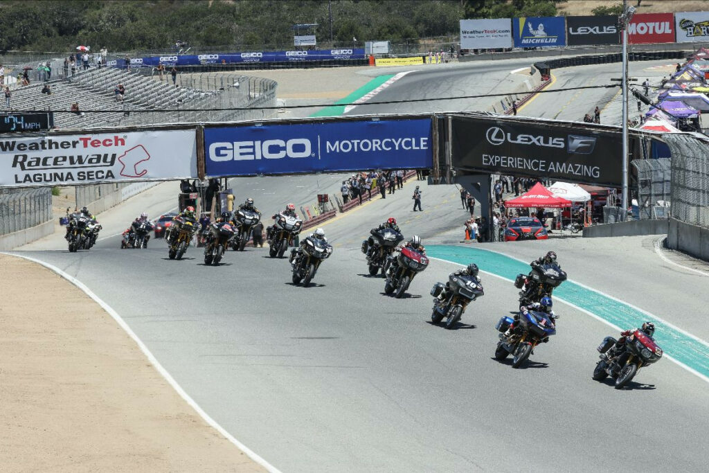 The Mission King Of The Baggers race gets rolling at WeatherTech Raceway Laguna Seca on Sunday. Photo by Brian J. Nelson.