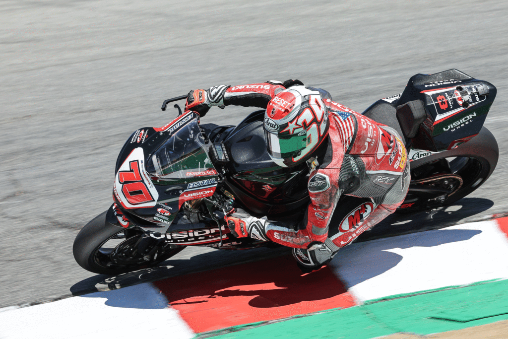 Tyler Scott (70) continues to impress with his sixth podium in his rookie season in the Supersport class aboard the GSX-R750. Photo by Brian J. Nelson, courtesy Suzuki Motor USA, LLC.