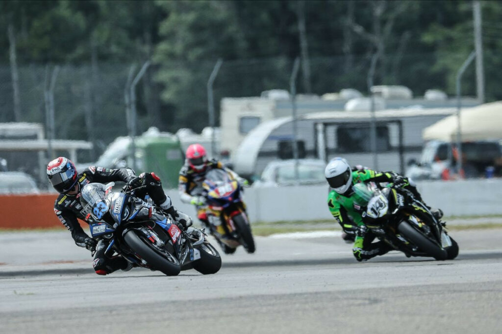 Corey Alexander (23) won his sixth Yuasa Stock 1000 race of the season at Brainerd International Raceway on Sunday, topping Brandon Paasch (96) and Andrew Lee (14). Photo by Brian J. Nelson, courtesy MotoAmerica.