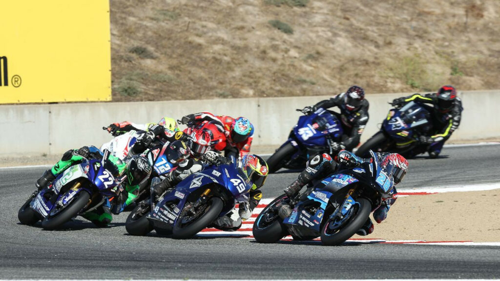 Cory Ventura (28) won the REV'IT! Twins Cup race on Saturday at WeatherTech Raceway Laguna Seca. Photo by Brian J. Nelson.