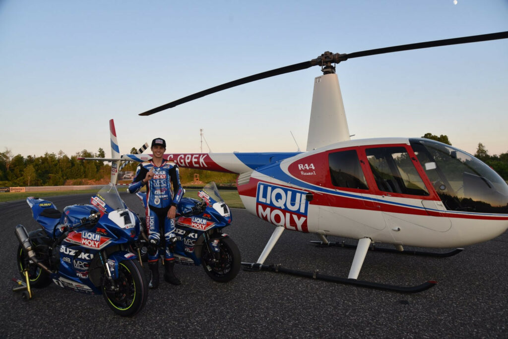 Liqui Moly-sponsored defending Canadian Superbike Champion Alex Dumas with a Liqui Moly-branded helicopter at Calabogie Motorsports Park. Photo courtesy Francois Dumas.