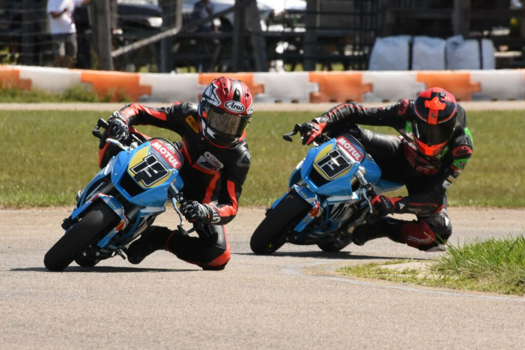 Benjamin Hardwick (19) was no match for champion and eventual race winner Vincent Lalande (13) in the final race of the CMSBK season at Lombardy. Photo by Colin Fraser, courtesy CSBK/PMP.