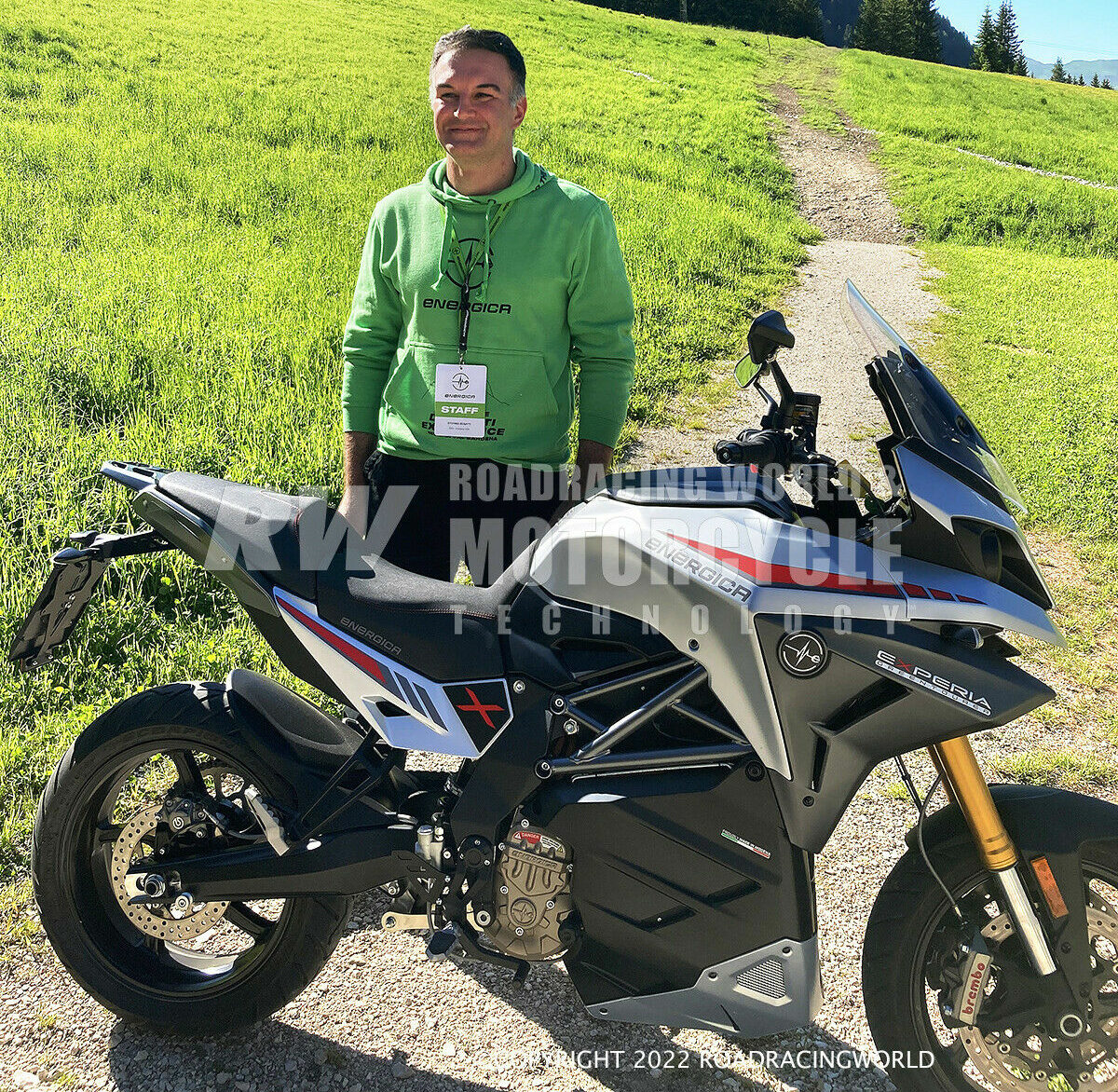 Stefano Benatti, CEO of Energica Motor Company, USA, with the company's new Experia Green Tourer. Benatti used his personal connection with enthusiastic customers to provide feedback to the factory in Italy, which made his job significantly more interesting. Photo by Michael Gougis.