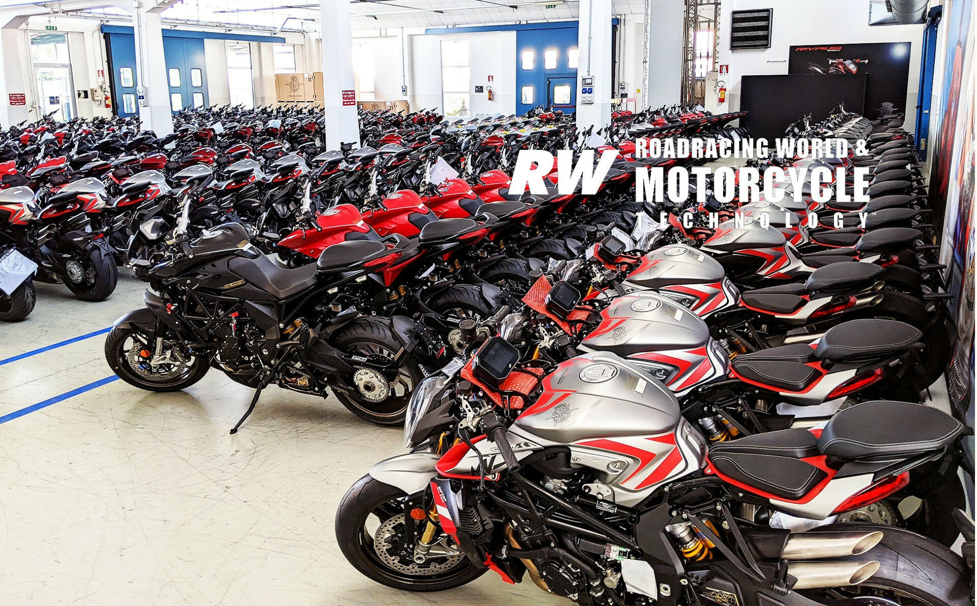 Each MV model has various sub-specifications for specific markets based on regulations for lighting, sound, and emissions. These bikes are already sold and waiting to be crated up and shipped to their final destinations. Photo by Melissa Berkoff.