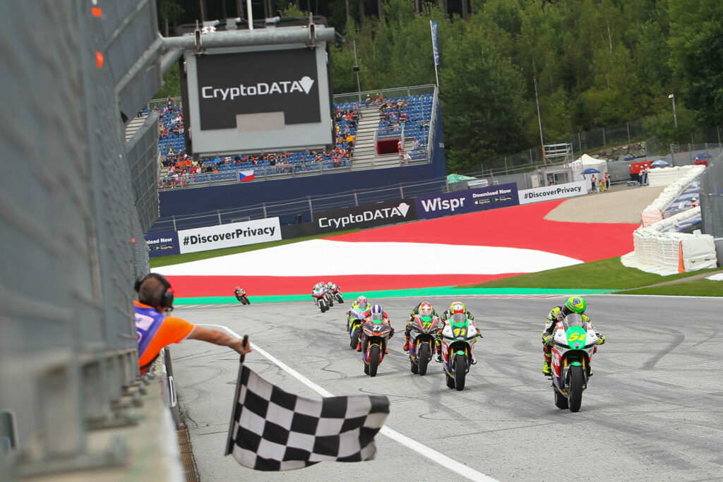 Eric Granado (51) leads a pack of riders to the checkered flag in Race Two at Red Bull Ring. Photo courtesy Dorna and Energica.