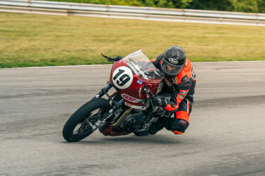 Jenny Chancellor (19) led nearly every lap of the main race until a crash on the last lap ended in a red flag and a disappointing DNF for Chancellor. Photo courtesy Royal Enfield North America.