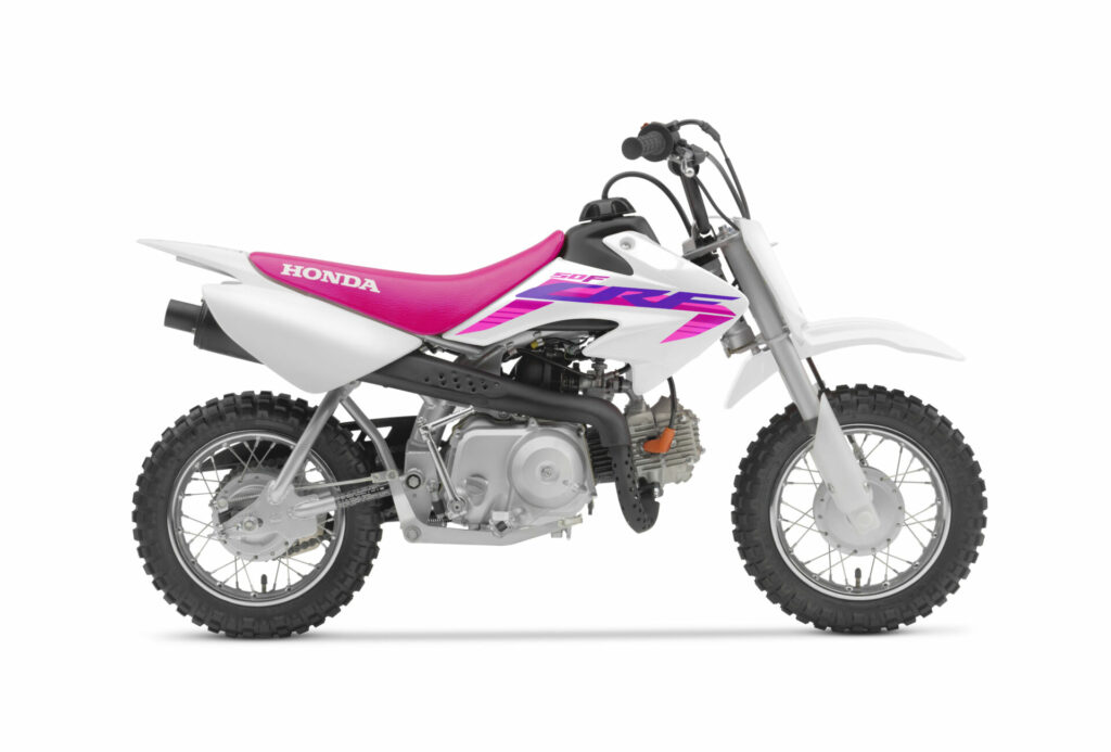 A 2023 Honda CRF50F in the alternate white color scheme. Photo courtesy American Honda.