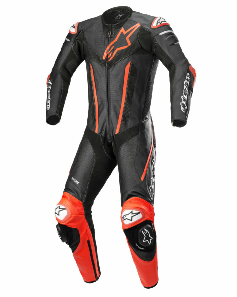 The front view of an Alpinestars Fusion one-piece leather suit. Image courtesy Alpinestars.