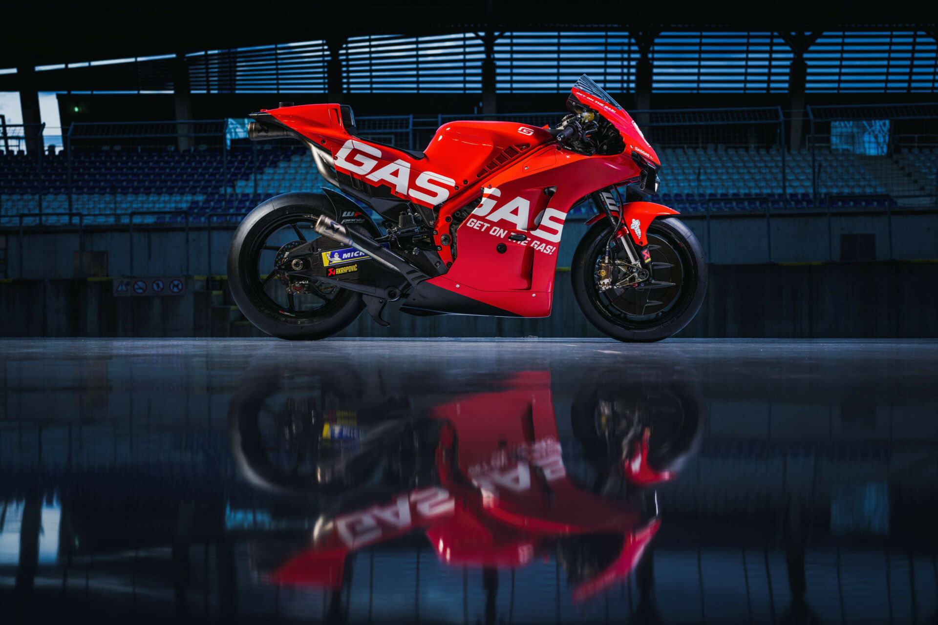 A GASGAS-branded KTM RC16 MotoGP racebike. Photo courtesy Dorna.