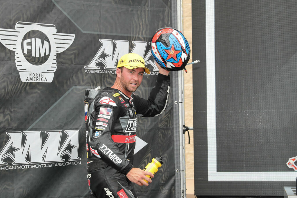 The Travis Wyman Replica Bilmola RC-1 is not available for sale in the U.S. until 2023. Here, Wyman is climbing the Stock 1000 podium at Pittsburgh International Race Complex. Photo by Brian J. Nelson.