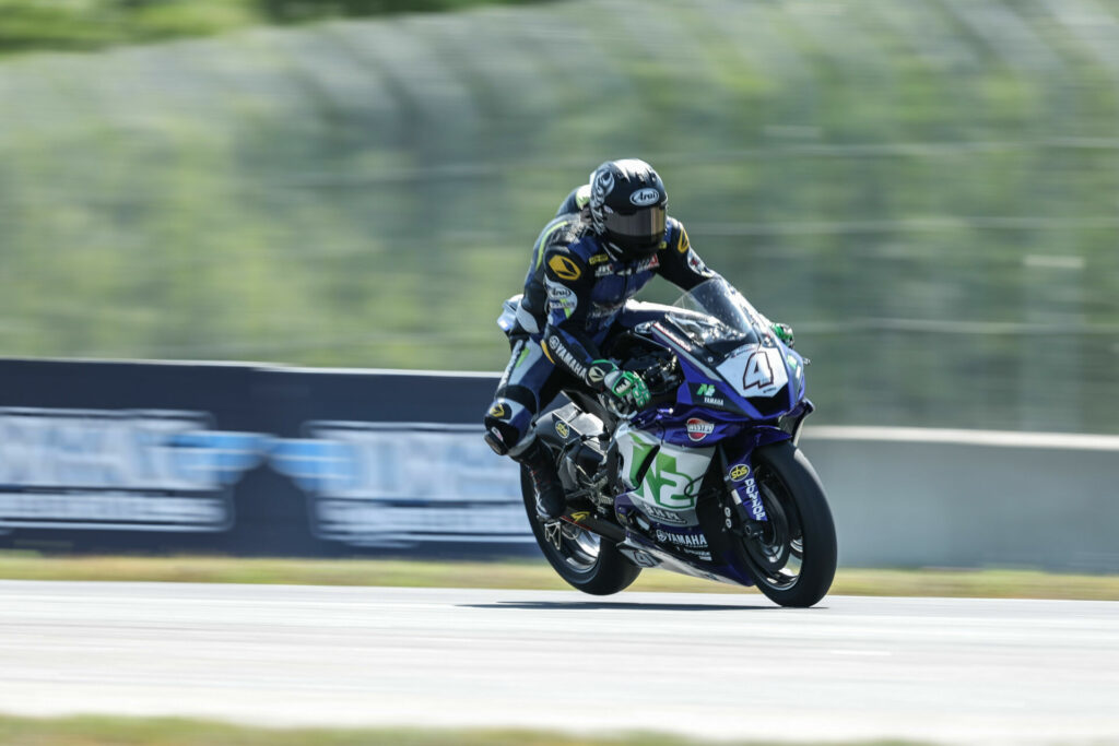 Josh Hayes (4) at speed on the N2 Racing/BobbleHeadMoto Yamaha at Brainerd. Photo by Brian J. Nelson, courtesy N2 Racing.