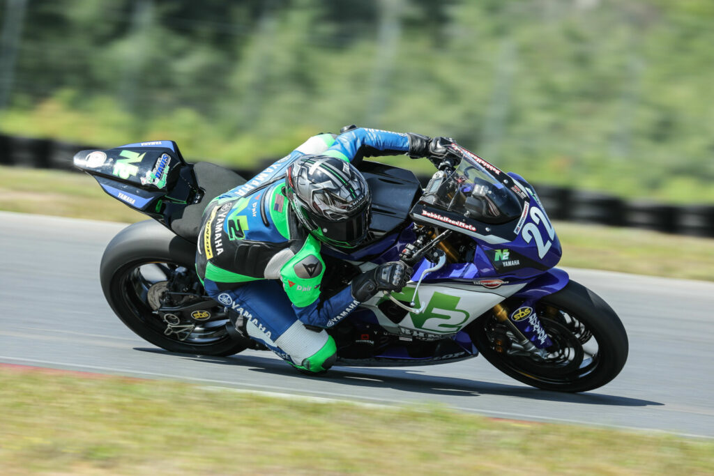 Blake Davis (22) at speed on the N2 Racing/BobbleHeadMoto Yamaha YZF-R7 at Brainerd. Photo by Brian J. Nelson, courtesy N2 Racing.