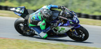 Blake Davis (22) at speed on the N2 Racing/BobbleHeadMoto Yamaha YZF-R7 at Brainerd. Photo by Brian J. Nelson, courtesy N2 Racing.