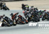 Early in the RSD Super Hooligan race at Laguna Seca, Stefano Mesa (137) on an Energica electric bike chased Jeremy McWilliams (99), Andy DiBrino (62), and Cory West (13), and led Tyler O'Hara, Nate Kern, Alex Taylor, and Josh Baird. Mesa raced Kern and Baird for sixth until slowing on the last lap with hot batteries, and finished 13th. Photos by Brian J. Nelson.
